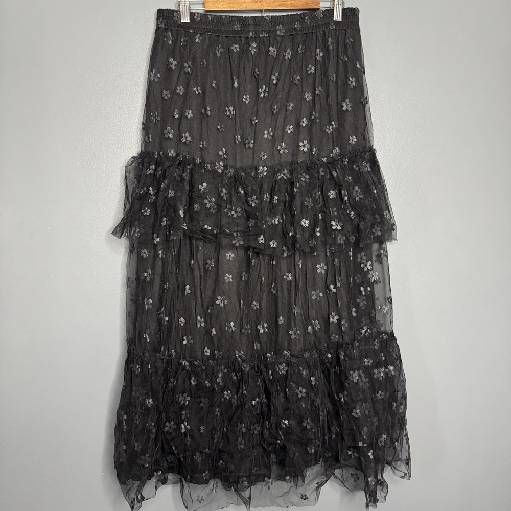 Pink Lilly Women's Large Dark Romantic Floral Whimsy Goth Mesh Tiered Maxi Skirt